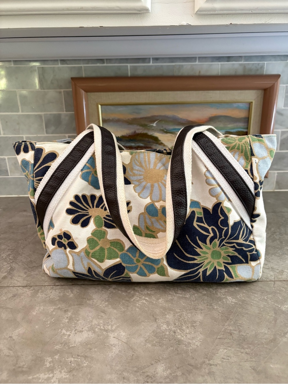 Talbots canvas tote floral pattern in blue, green, and cream.
